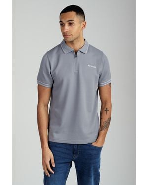 Firetrap Regular Fit Textured Zip Up Polo Shirt - Blue