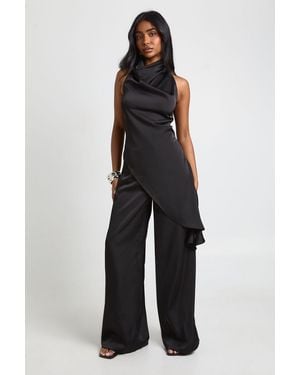 Boohoo Satin Drawstring Waist Wide Leg Trousers - Blue