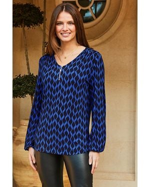 Sosandar Geometric Print Zip Neck Top - Blue