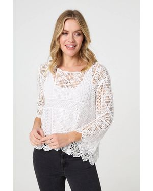 Izabel London Lace Crochet Semi Sheer Layered Top 3/4 Sleeve - White