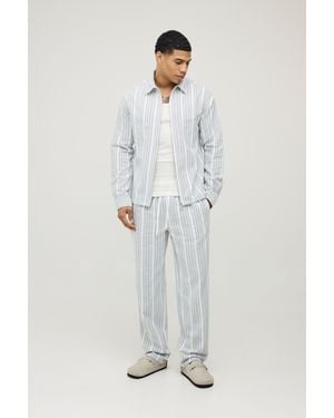 BoohooMAN Woven Stripe Regular Zip Up Long Sleeve Shirt & Straight Fit Trouser Set - Grey