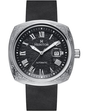 Heritor Davenport Engraved-Case Leather-Band Watch W/ Date - Metallic
