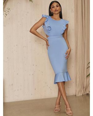 Chi Chi London Ruffle Sleeve Cut Out Back Midi Dress - Blue