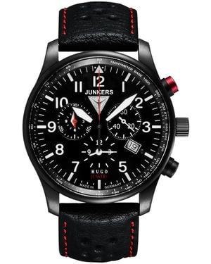 Junkers Original 6680-4 Quartz Watch 42Mm Dial Leather Strap With Stitching, Luminous Hands, Date Display, 10Atm Water Resistant - Black