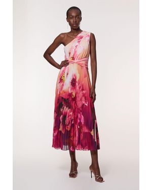 Karen Millen Ombre Floral Soft Pleated One Shoulder Maxi Dress - Red