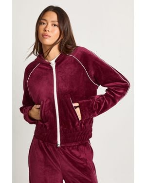 Boohoo Velour Contrast Piping Zip Through Cropped Hoodie - Red