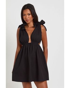 Boohoo Cotton Poplin Tie Shoulder Mini Skater Dress - Black