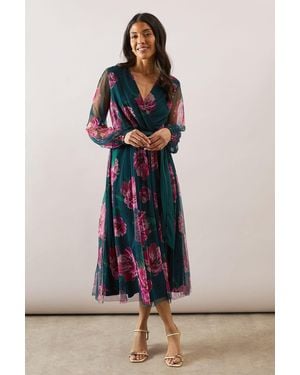 Wallis Floral Spot Mesh Satin Tie Midi Dress - Blue