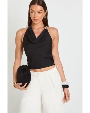 Boohoo Trim Crepe Cowl Neck Top - Black