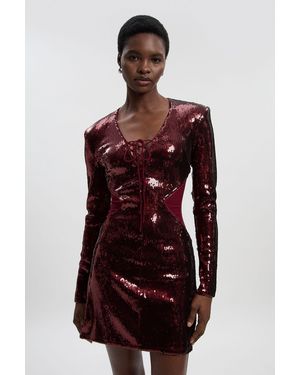 Karen Millen Tall Sequin Power Mesh Lace Up Mini Dress - Red
