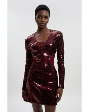 Karen Millen Tall Sequin Power Mesh Lace Up Mini Dress - Red