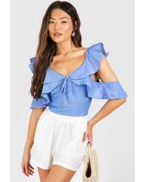 Boohoo Chambray Ruffle Crop Top - Blue