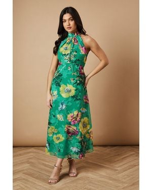 Oasis Floral Satin Burnout Halterneck Midi Dress - Green