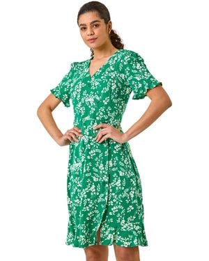 Roman Ditsy Floral Side Button Stretch Dress - Green