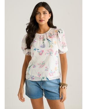 Gini London Off Floral Dobby Chiffon Shirred Cuff Blouse - White
