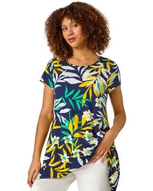 Roman Leaf Print Hanky Hem Tunic Top - Blue