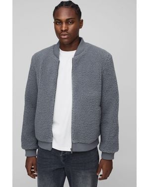 BoohooMAN Regular Fit Borg Bomber Jacket - Grey