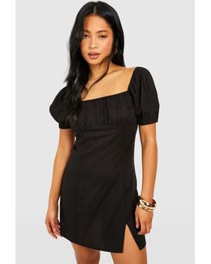 Boohoo Petite Linen Look Milkmaid Mini Dress - Black