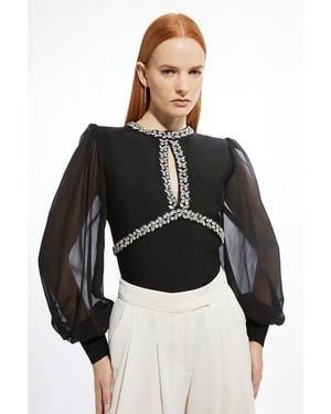Karen Millen Bandage Embellished And Chiffon Sleeve Figure Form Knit Top - Black