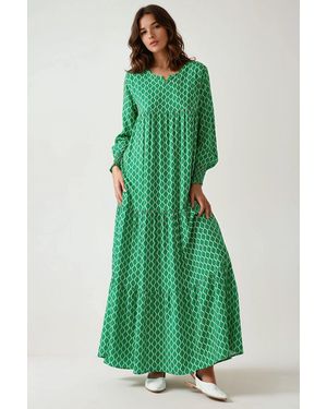 Hiccup Printed Crew Neck Viscose Maxi Dress - Green