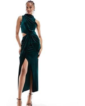 ASOS Design Velvet High Neck Drape Minimal Cut Out Midi Dress - Blue