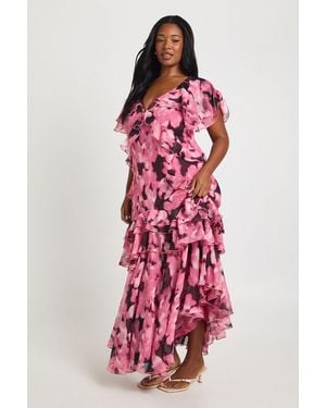 Boohoo Plus Chiffon Floral Frill Detail Maxi Dress - Red