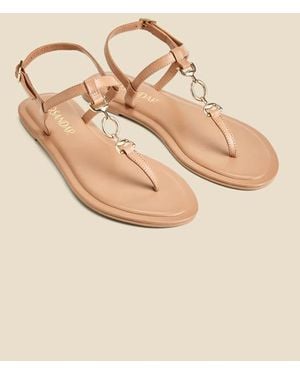 Sosandar Leather Trim Detail Toe Post Flat Sandals - Natural