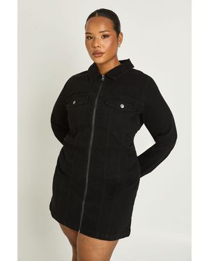Boohoo Plus Denim Zip Up Shift Dress - Black