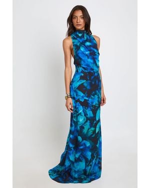 Boohoo Tall Printed Chiffon High Cowl Neck Open Back Maxi Dress - Blue