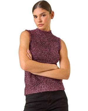 Roman High Neck Fluffy Tinsel Knit Top - Red