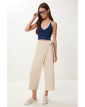 Happiness İstanbul High Waist Wide Leg Crop Trousers With Tie Detail - Blue