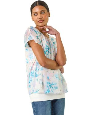 Roman Floral Print Bubble Hem Top - Blue