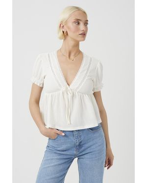 Brave Soul Bow Detail V-Neck Short Sleeve Top - White