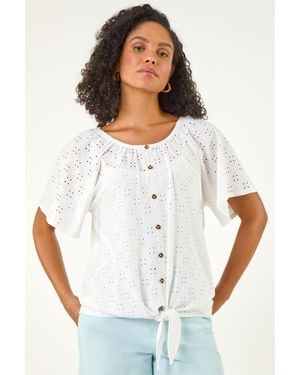 Roman Broderie Tie Front Top - White