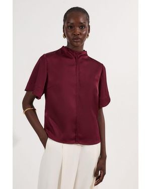 Karen Millen Top Stitch Satin Woven Short Sleeve Top - Red