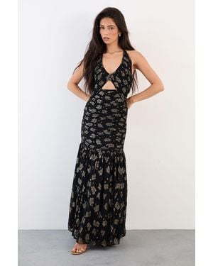 Warehouse Metallic Jacquard Halterneck Gathered Dress - Black