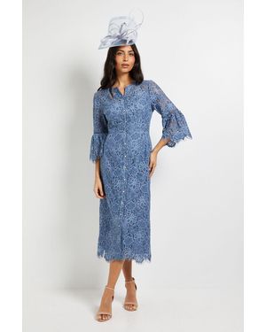 Wallis Lace Button Flute Sleeve Midi Dress - Blue