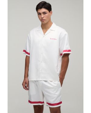 BoohooMAN Oversized Half Sleeve Boarder Print Satin Shirt & Short Set - White