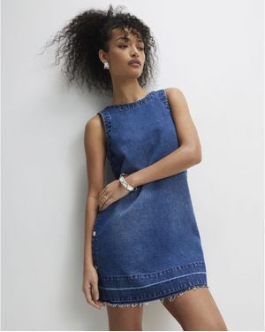 River Island Mini Dress Denim Popper Side Swing Cotton - Blue