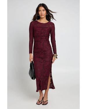 Boohoo Burnout Floral Long Sleeve Ruched Body Midaxi Dress - Red