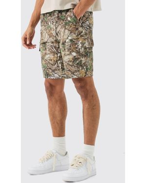 BoohooMAN Forest Camo Fixed Waist Relaxed Cargo Shorts - Natural