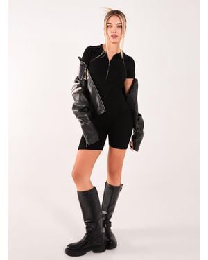 Pink Vanilla Ribbed Collar Zip Up Unitard - Black