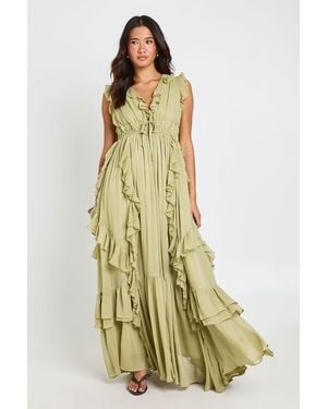 Boohoo Chiffon Ruffle Detail Floaty Maxi Dress - Green