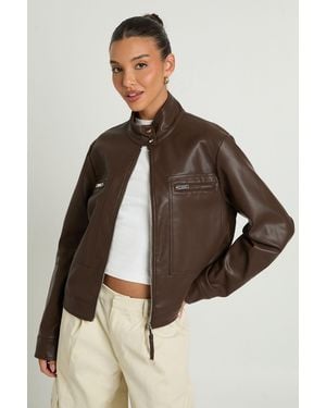 Boohoo Faux Leather Button Up Collar Zip Pocket Jacket - Brown