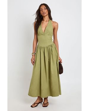 Boohoo Tall Cotton Poplin Halter Neck Pleated Midi Dress - Green