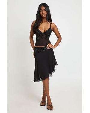 Boohoo Embroidered Sequin Asymmetric Midi Skirt - Black