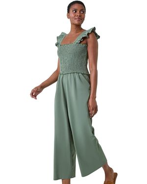 Roman Cotton Linen Blend Frill Jumpsuit - Green