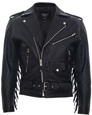Infinity Leather Fringe Hide Brando Tasselled Motorcycle Biker Jacket - Black