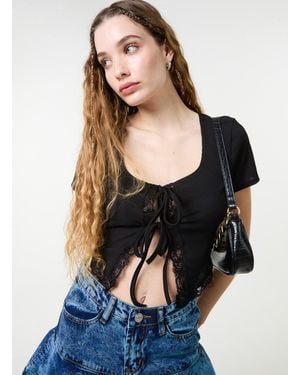 Pink Vanilla Ribbed Lace Tie Front Top - Black