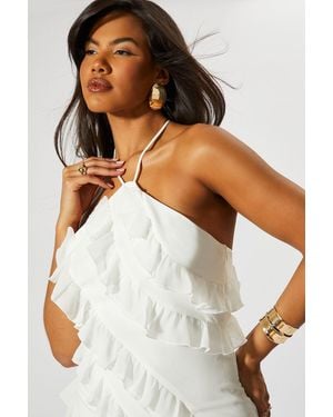 MissPap Frill Halter Neck Asymmetric Mini Dress - White